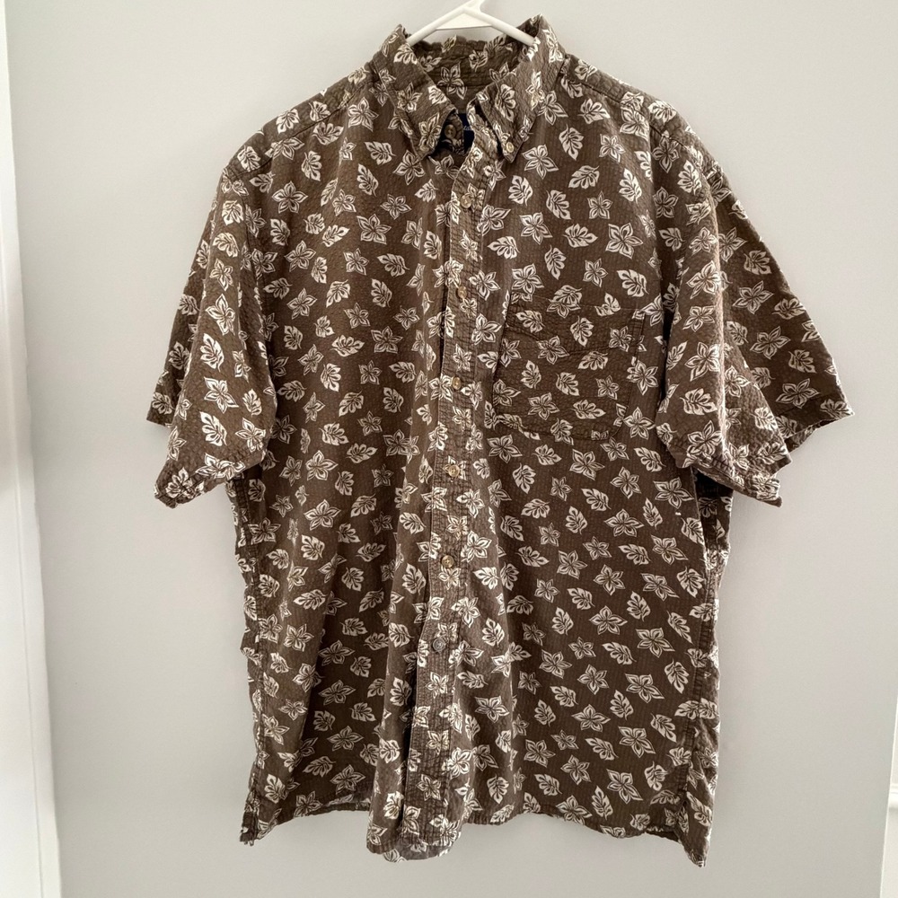 Catalina Mens Short Sleeve Button Shirt Floral Seersucker Brown Green XL 90s